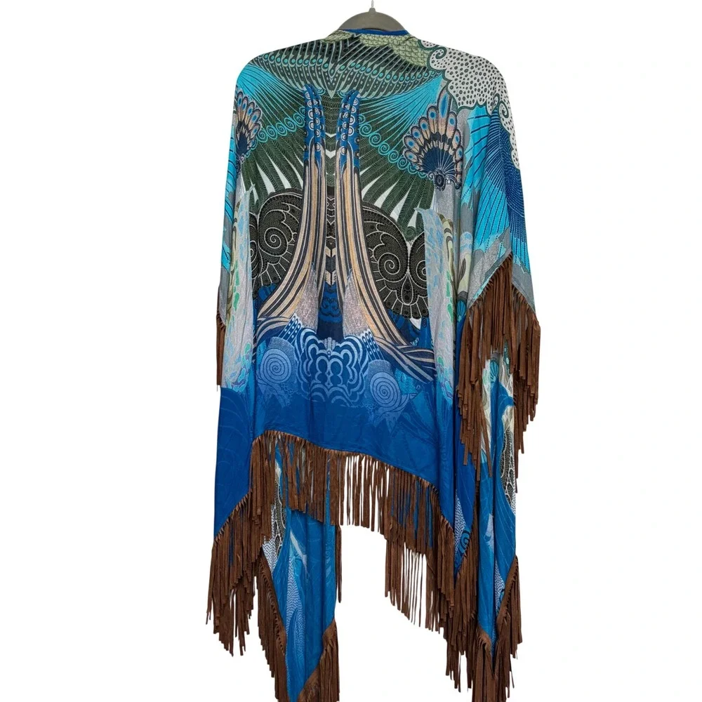 Chicos Imperial Peacock Fringe Ruana Shawl Wrap‎ Scarf NEW Festival Boho Western